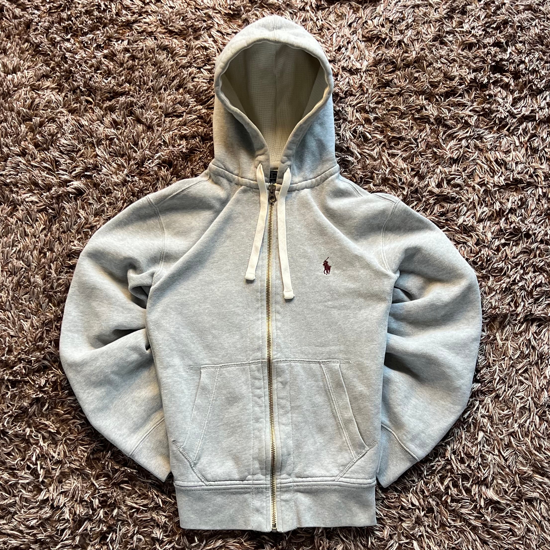 Ralph Lauren Grey Full-Zip Hoodie - Waffle Lined Hood & Red Badge