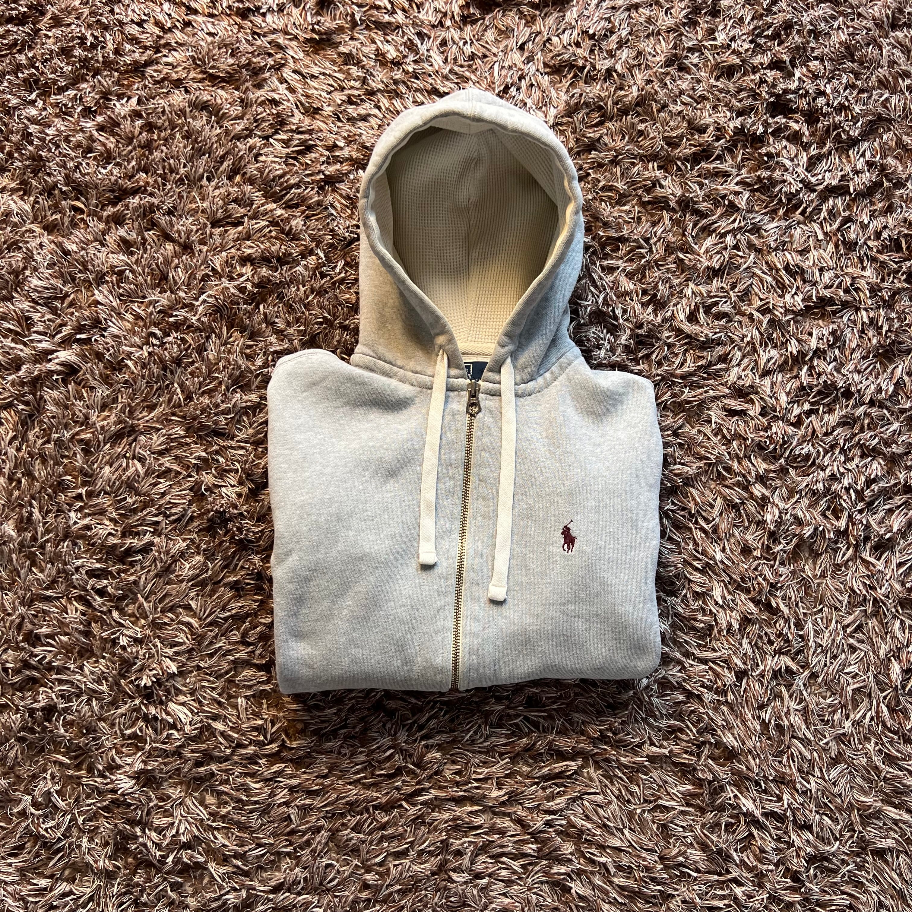 Ralph Lauren Grey Full-Zip Hoodie - Waffle Lined Hood & Red Badge