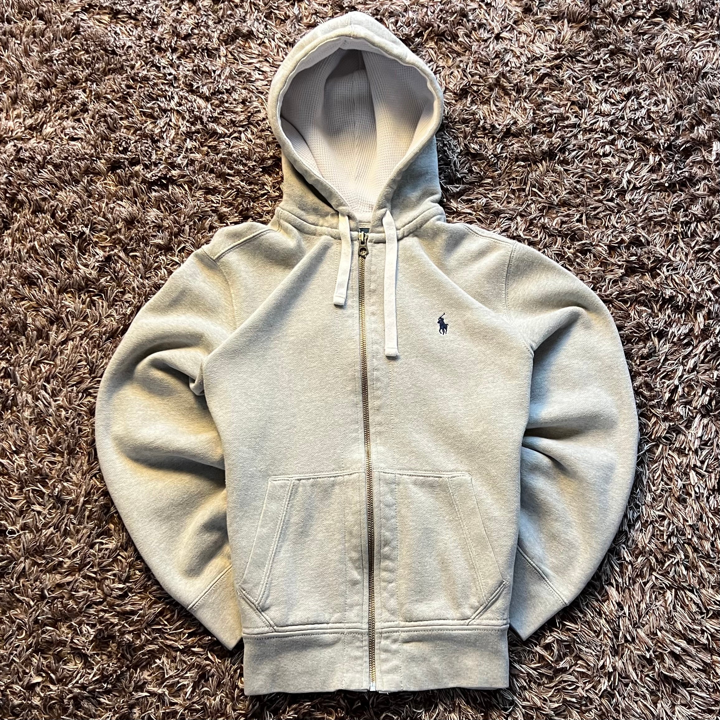 Ralph Lauren Grey Full-Zip Hoodie - Waffle Lined Hood & Navy Badge