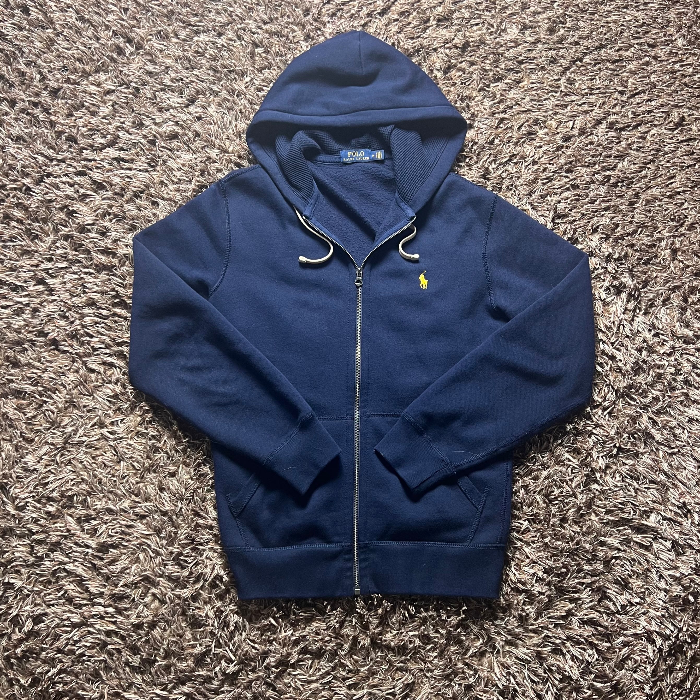 Ralph Lauren Navy Full-Zip Hoodie - Waffle Lined Hood & Golden Badge