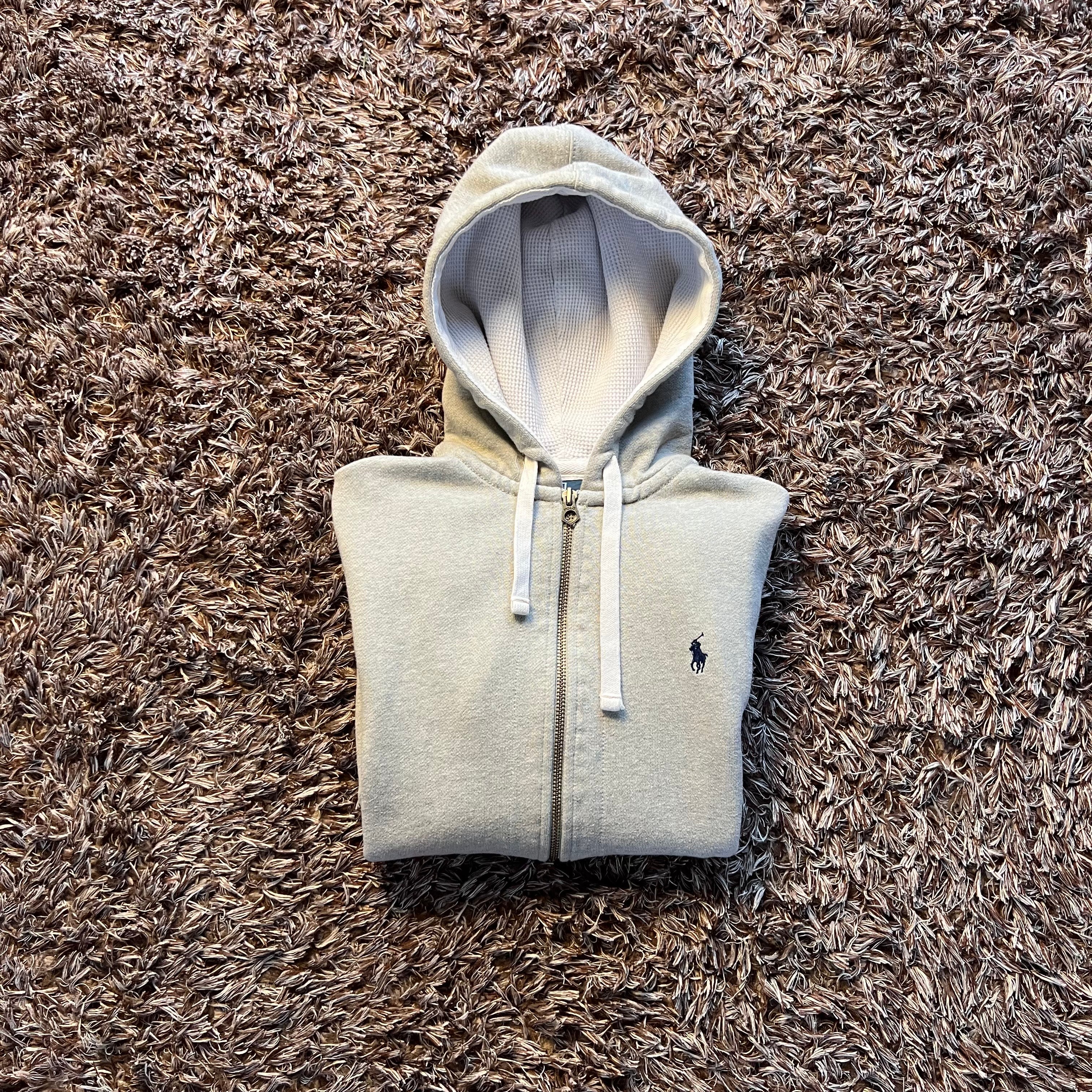 Ralph Lauren Grey Full-Zip Hoodie - Waffle Lined Hood & Navy Badge